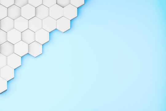 White hexagon corner frame on light blue background. 3D abstract geometric backdrop with copy space. Minimalist tech layout.