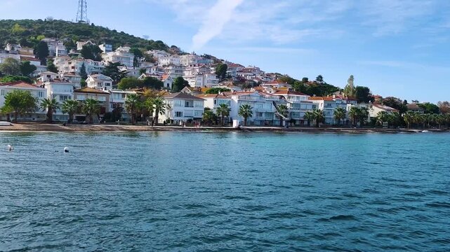 Scenic View of a Seagull Flying in the Foreground with Kinaliada Island Coastline, Waterfront Houses and Palm Trees under Blue Sky, Famous Travel Destination in Prince Islands Istanbul Turkey