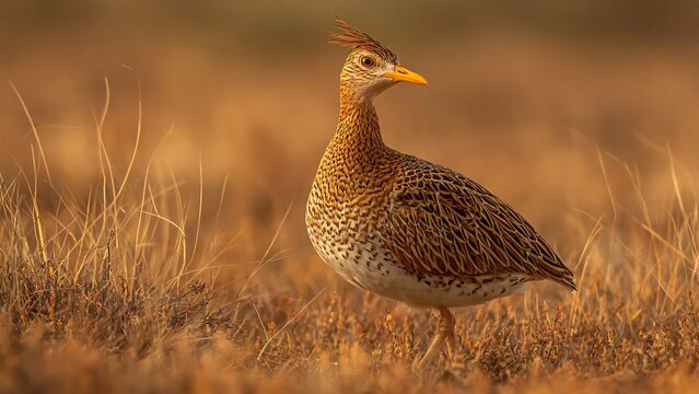 A striking painted francolin stands regally in a sun-drenched grassland, its speckled plumage a testament to its wild beauty. The warm, golden hues of the landscape enhance its earthy tones.
