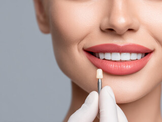 Naklejka premium Woman holding a dental implant near her bright smile showing the natural tooth replacement process with healthy teeth and perfect makeup on gray background