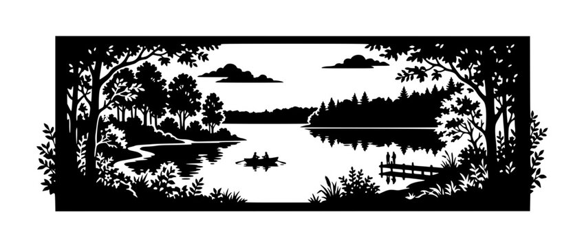 Black and white silhouette lake landscape with rowboat and dock