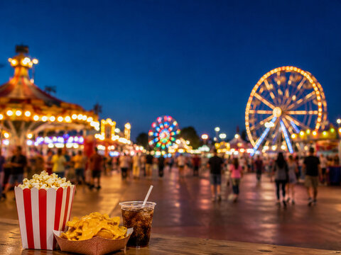 Small popcorn and soda on checkered tablecloth at dusk with large Ferris wheel, carousel lights and open carnival space behind