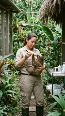 Fototapeta premium Woman veterinarian feeding baby sloth with milk bottle in sanctuary. Rescue center professional caring for exotic animal. Wildlife conservation, rehabilitation and nature care concept.