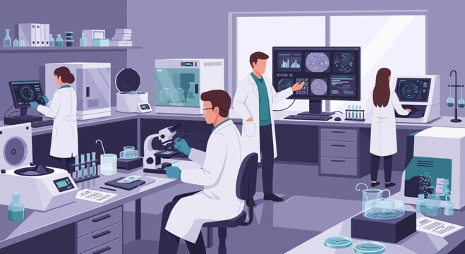 Scientists Researching in Modern Laboratory with High-Tech Equipment
