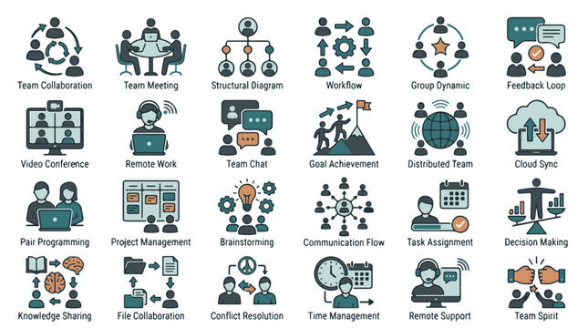 Teamwork and Collaboration Icon Set for Business Project Management and Remote Work