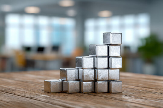 Stacked metallic cubes arranged in a stepwise pattern on a rustic wooden surface with a blurred modern office background symbolizing growth and progress