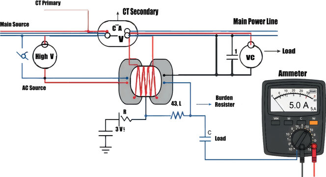 Current transformer circuit diagram with ammeter and load