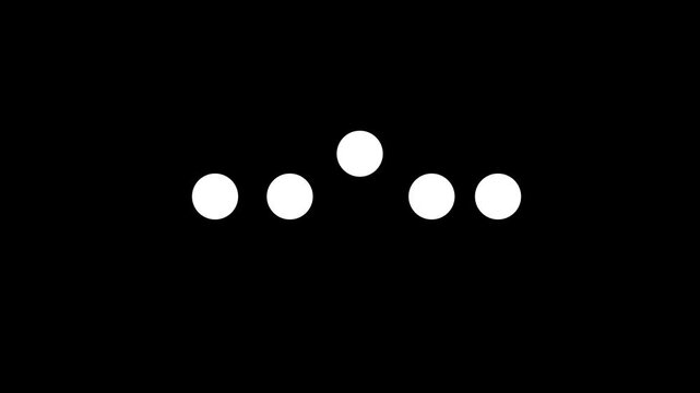 Loading animation with five white circles moving on black background.