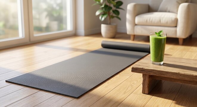 tappetino yoga e frullato in un luminoso ambiente domestico. Generative AI 