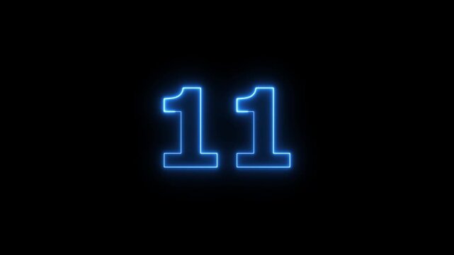 Neon blue number eleven glowing in dark background for countdown timer.