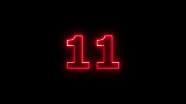 Red neon number eleven glowing on black background cinematic animation.