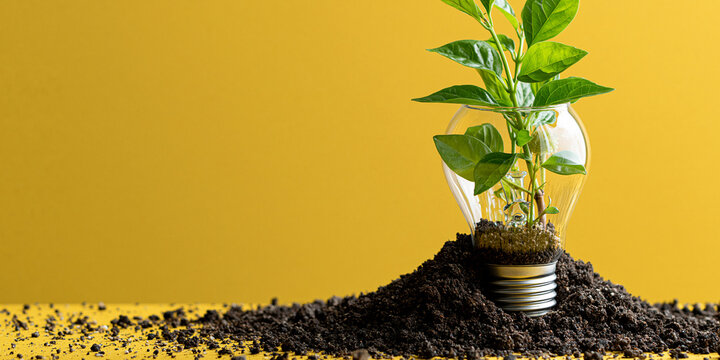 Sustainable Energy Symbol with Seedling Growing from Broken Light Bulb