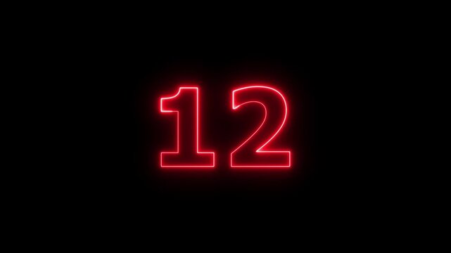 Neon number 12 countdown timer glowing red on black background.