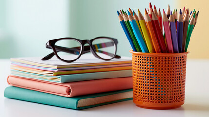 Fototapeta premium Colorful Pencils in Orange Cup with Books and Eyeglasses on Desk