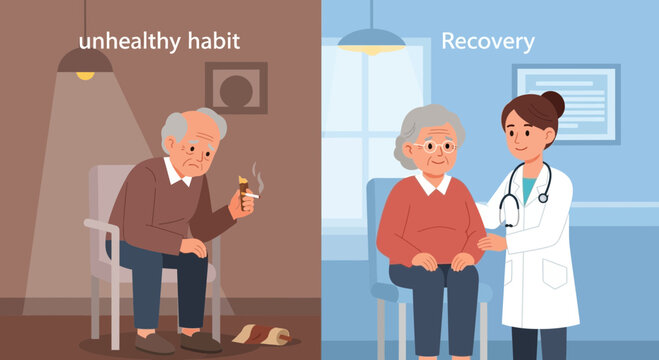 Elderly Person Quitting Smoking with Doctor's Help for Recovery