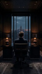 Obraz premium Generative AI depicts a solitary person gazing through a large window at a city skyline during