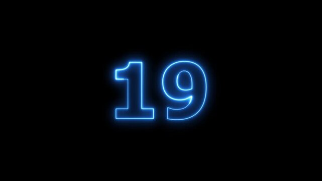 Neon blue number nineteen glowing in darkness for digital timer countdown.