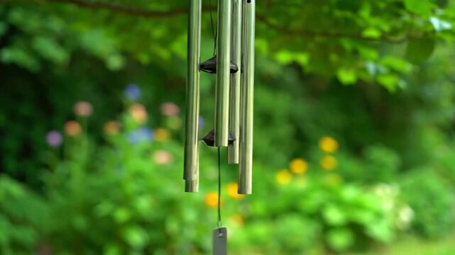 Metal wind chimes hang from a tree branch in a lush green garden