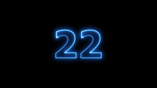 Number 22 glowing blue neon light on black background footage.