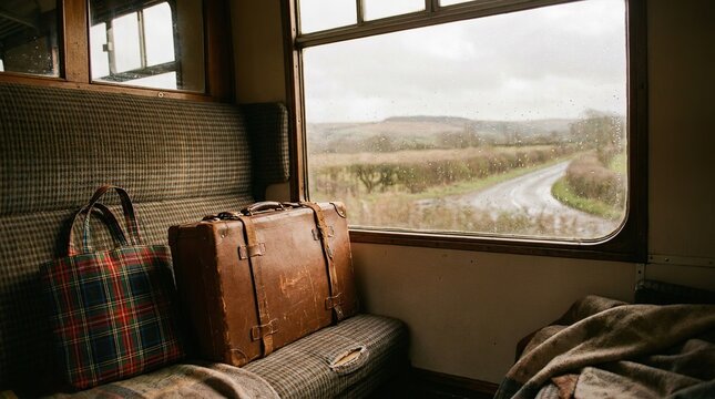 Vintage brown suitcase and plaid bag resting on a worn train seat with rainy landscape visible through the window