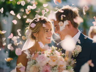 Fototapeta premium Happy bride and groom smiling joyfully surrounded by falling flower petals during their romantic outdoor wedding celebration on a sunny day