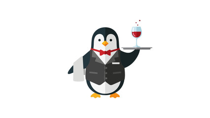 Obraz premium Waiter penguin in a vest holding a tray with a glass of red wine