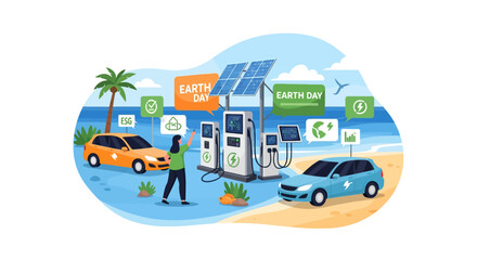Fototapeta premium Electric Cars Charging Station with Solar Panels and Earth Day Symbols.