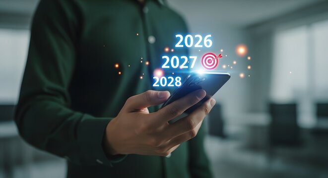 Businessman using smartphone with futuristic target and year timeline