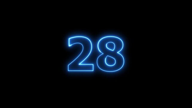 Blue neon number 28 glowing bright on black background loop.
