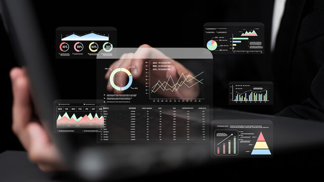 A financial and marketing KPI dashboard for business analytics and strategy. A report showing profit, revenue, and customer conversion rate data. Motif