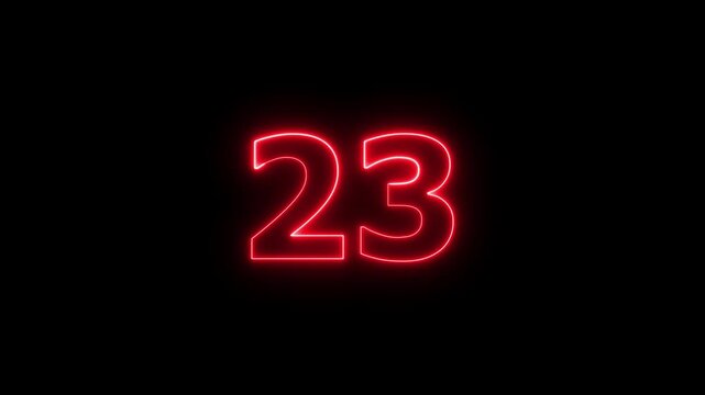 Red neon number twenty three glowing on black background motion video.