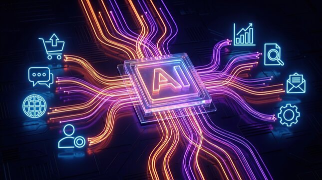 Dynamic ai processor with colorful neon connections illustrating digital communication and data flow in a modern technological environment