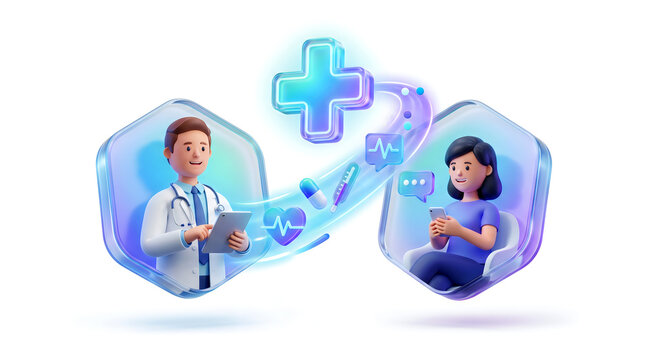 3d of a male doctor and a female patient communicating online with medical like a plus sign, heart, and pill floating in a blue hexagonal frame on white background