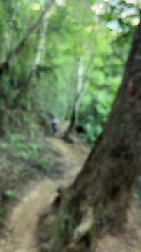 Senior man jogging on forest trail blurred outdoor exercise background