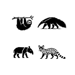 Fototapeta premium Sloth, anteater, tapir, and ocelot minimalist stylized animal silhouette vector set