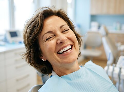 A happy, smiling woman with perfect teeth in a dental chair, experiencing positive oral care