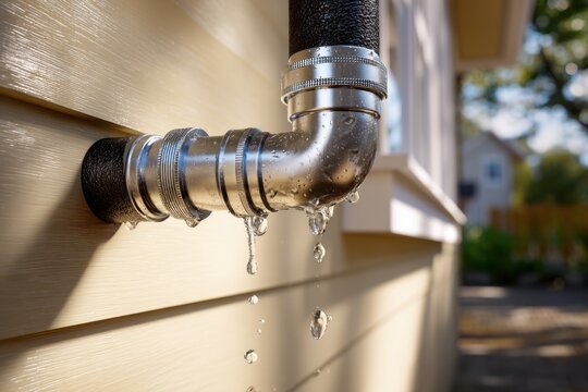 Dripping rainwater gutter pipe on residential house exterior causing water leaks with droplets falling against beige siding in sunlight outdoors