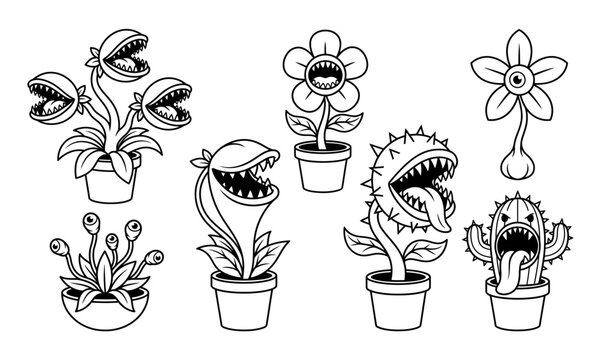 Collection of cartoon carnivorous plants with mouths and sharp teeth featuring diverse species like pitcher plants flowers and cacti in pots cartoon plants monster plants