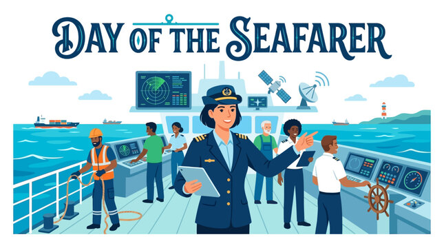Celebrating the Day of the Seafarer with a diverse crew on a ship's bridge, symbolizing global maritime cooperation