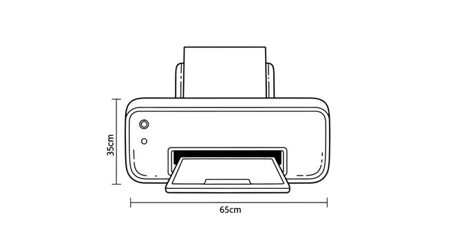 Compact printer with paper tray and dimensions labeled.