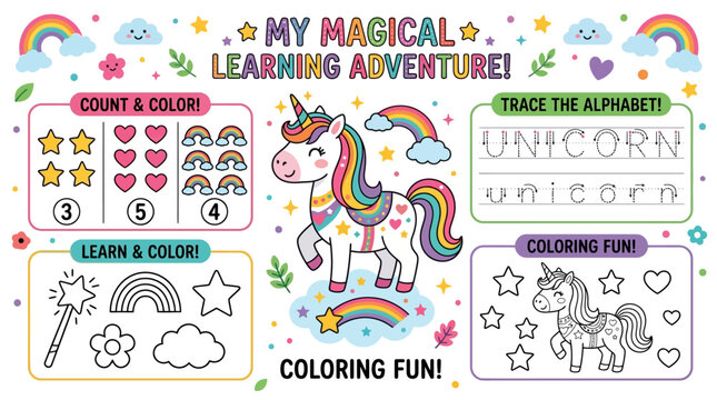 Colorful unicorn learning adventure for kids.
