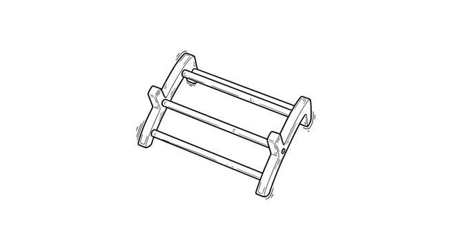 Wooden folding stool with three legs and slatted seat.