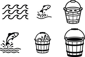 Black and white illustrations of fish and buckets for fishing concept © Saidurra12