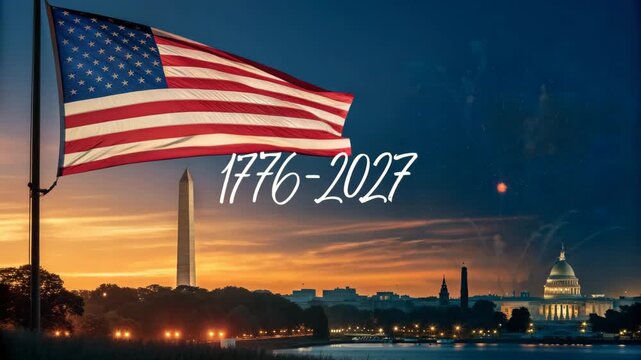 American flag waves over Washington DC skyline with fireworks during twilight celebration 1776-2027