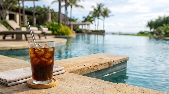 Iced coffee drink served on a pool deck at a luxury tropical resort