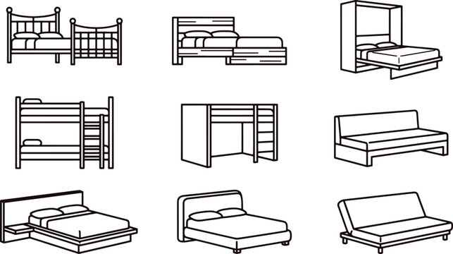 Collection of bedroom furniture line featuring various bed types, bunk beds, and sofa beds in a minimalist black and white style