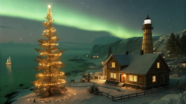 Christmas tree glowing with lights in snowy landscape with aurora borealis over lighthouse