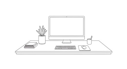Fototapeta premium Minimalist Desk Setup: Computer, Keyboard, Mouse, Plant, Books, Pen Holder