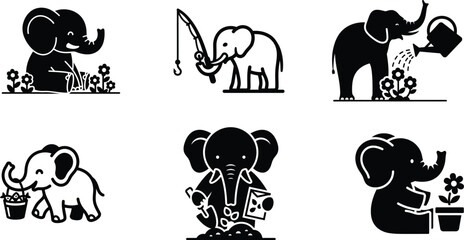 Obraz premium Set of cartoon elephants engaging in various activities with plants and flowers