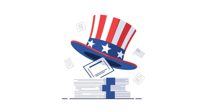 Vector illustration of a classic Uncle Sam top hat with red and white stripes and blue star band, balanced on a stack of official documents or paper ballots over a white background.